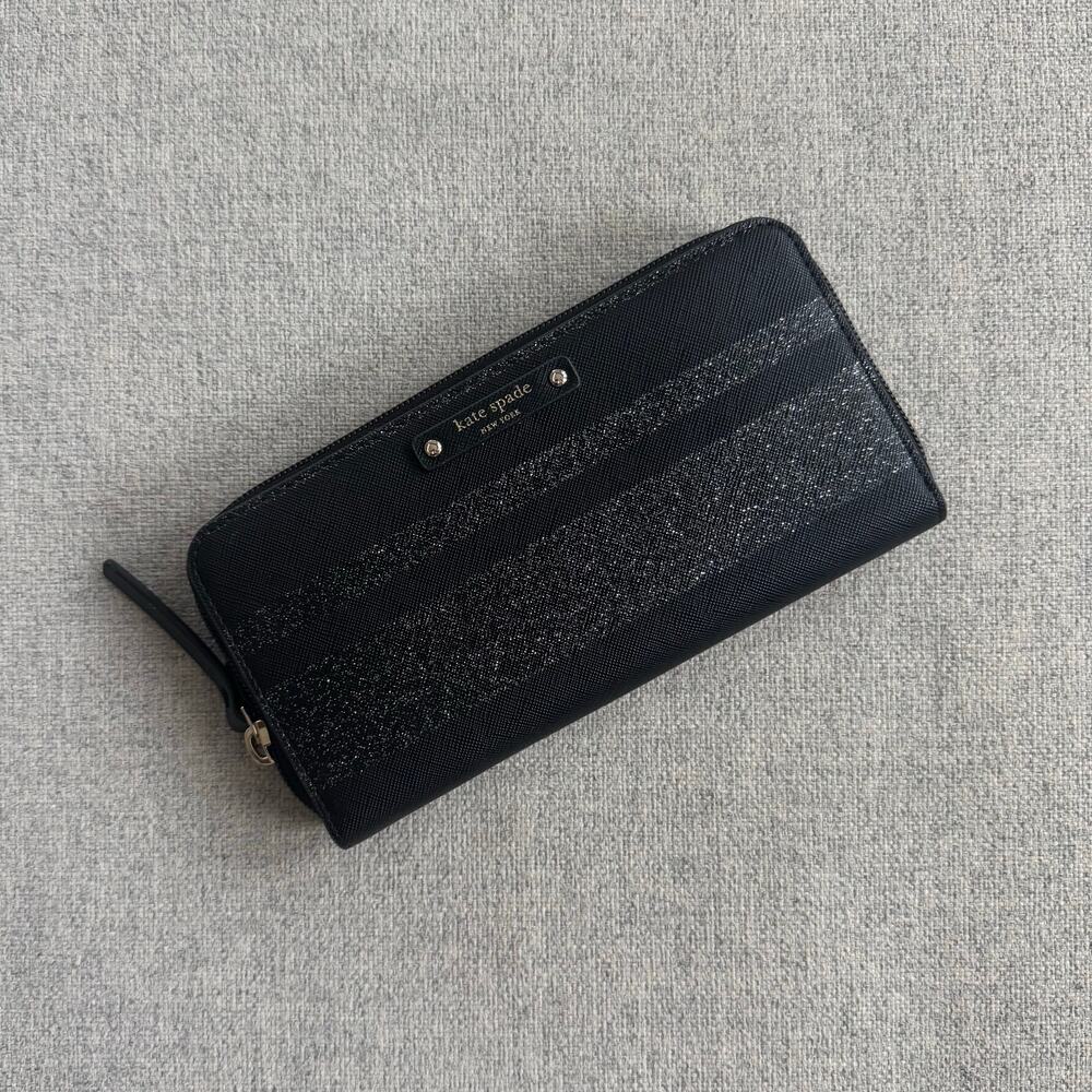 Kate Spade New York Haven Lane Neda Zip Around Wallet in Black w/ silver stripes